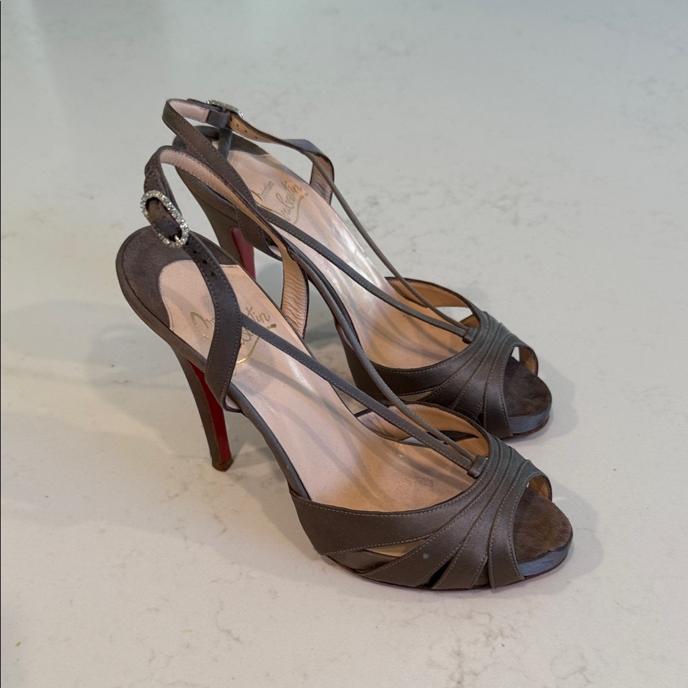 Christian Louboutin Dark Taupe Strappy Heels with crystal buckles Size-7.5